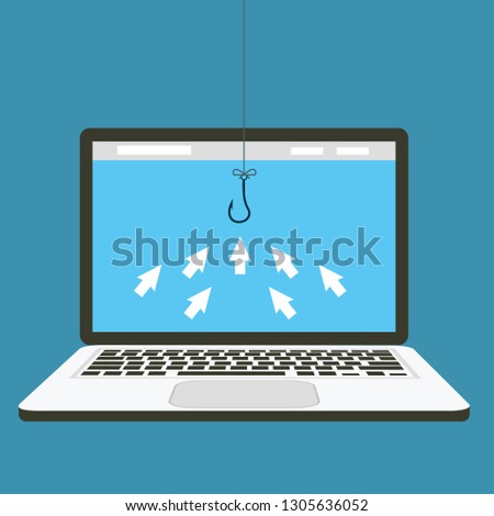 Computer arrow Icons are like Fish gathering to Click a Bait Concept. Editable Clip Art. - Vector illustration