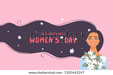 8 March, International Women's Day. Charming happy girl with long hair with sample text and flowers. Vector illustration