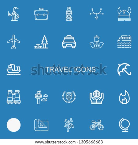 Editable 22 travel icons for web and mobile. Set of travel included icons line Windmill, Briefcase, Skier, Vector, Viking, Aircraft, Rest area, Taxi, Ship, Cruise on blue background