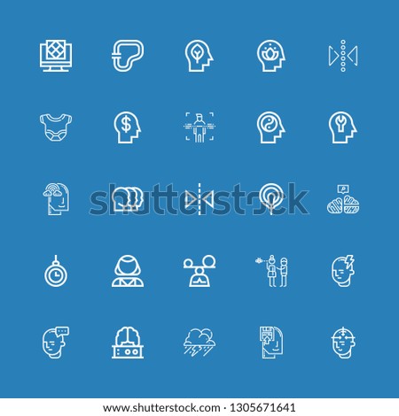 Editable 25 brain icons for web and mobile. Set of brain included icons line Mind, Memorize, Storm, Brain, Distraction, Mindfulness, Psychologist, Hypnosis on blue background