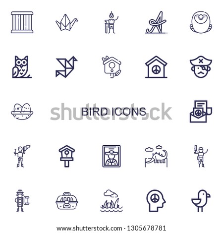 Editable 22 bird icons for web and mobile. Set of bird included icons line Cage, Origami, Swallow, Calligraphy, Macaw, Owl, Bird house, Peace, Pirate, Nest on white background