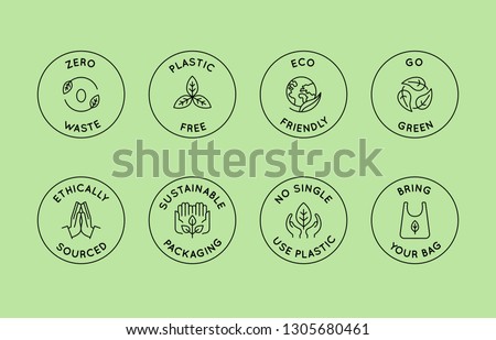 Vector set of design elements, logo design templates, icons and badges in trendy linear style - zero waste and plastic free concepts for stores with no packaging and natural and ecological products