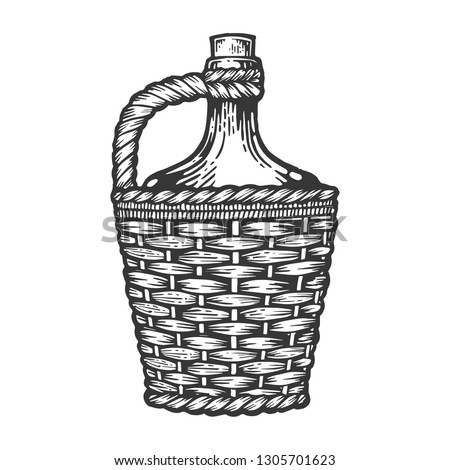 Wine bottle carboy with basket and handle weaving engraving raster illustration. Scratch board style imitation. Hand drawn image.