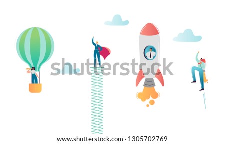 Business People Characters Flying in Air Balloon and Rocket. Super Businessman, Man in Red Cape Career Growth. Solution and Innovation Concept. Vector illustration