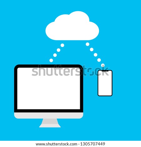 Modern computer, smartphone (cell phone) and sign of cloud technology  at the blue background. Concept of connecting to cloud database storage service.