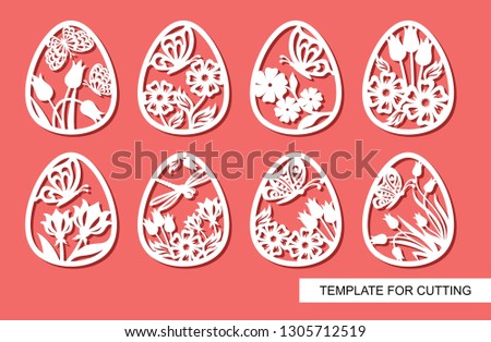 Set of decorative elements - Easter Eggs with floral ornament and butterflies. White objects on pink background. Template for laser cutting, wood carving, paper cut and printing. Vector illustration.