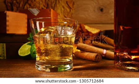 Whisky Cigar Panorama on wooden Background Royalty-Free Stock Photo #1305712684