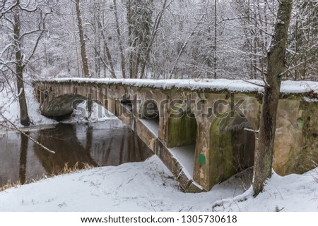 Old arch bridge deep in the forest. Winter.