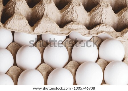  fresh white eggs in a container, isolated on  white background, top view.