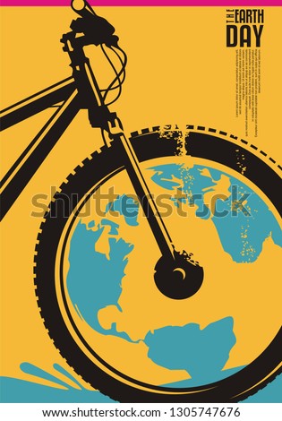 Earth day poster design concept with bicycle and globe shape. Ecology and environment theme. Vector flyer on yellow background.