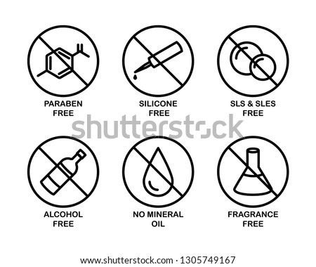 A set of 6 vector icons for cosmetics. Black and white. Paraben, silicone, sls, sles, alcohol, mineral oil, fragrance. 