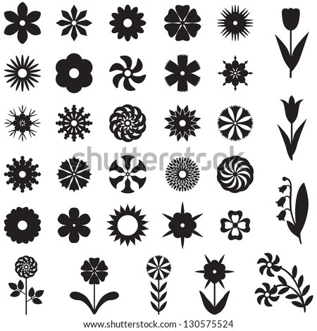 Set of 33 silhouette images of different flowers Royalty-Free Stock Photo #130575524