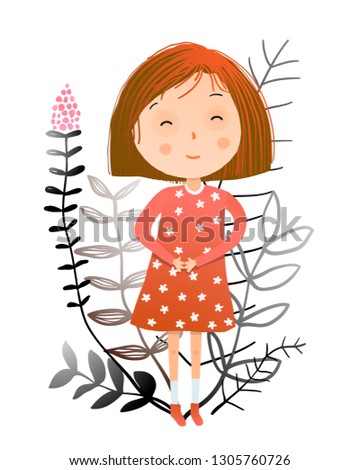 Romantic Girl with Red Hair Summer and Flowers. Little teenager Girl cartoon with florals. 