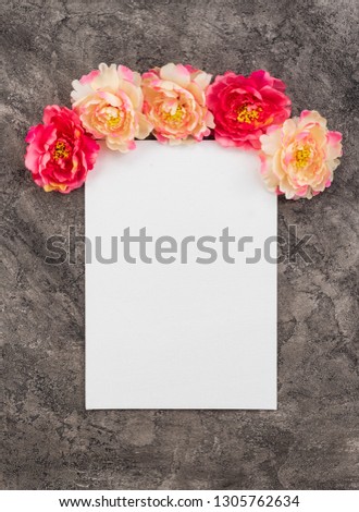 peonies and tablet on a dark concrete background