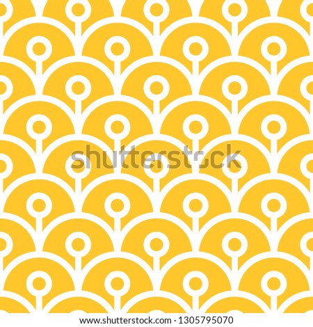 Seamless yellow and white vintage outline fish scale peacock art deco pattern vector