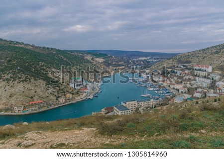 Balaklava Bay in winter. View from a place located near the fortress of Cembalo. Russia, Crimea.