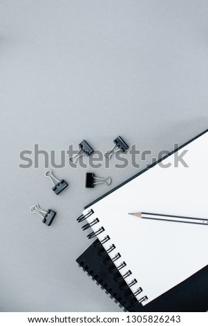  Top view of open spiral blank notebook. Several onbject top horizontal view

