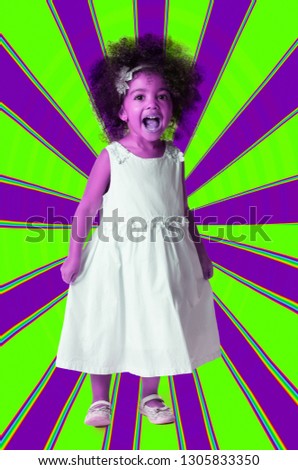 Neon portrait of a preschool cheerful child girl full length. Studio shot. Kid on geometric background