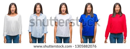 Composition of chinese asian woman over isolated background afraid and shocked with surprise expression, fear and excited face.