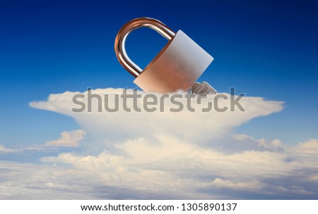 Concept of internet security, computer, padlock on the cloud