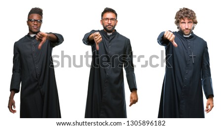 Collage of christian priest men over isolated background looking unhappy and angry showing rejection and negative with thumbs down gesture. Bad expression.