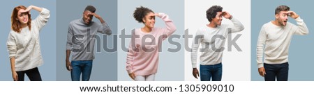 Collage of group of african american and hispanic people wearing winter sweater over vintage background very happy and smiling looking far away with hand over head. Searching concept.