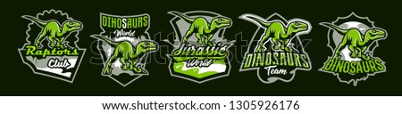 Set of dinosaur emblems. Sports logos dino. A colorful collection of reptiles, extinct predators. Vector illustration