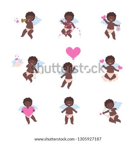 African black funny cupid angel characters in different poses. Flat isolated clip art illustration for Valentine's day and holidays