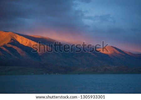 Tolbo Nuur, Mongolia. Mountain lake landscape. Beautiful mountain sunset. 