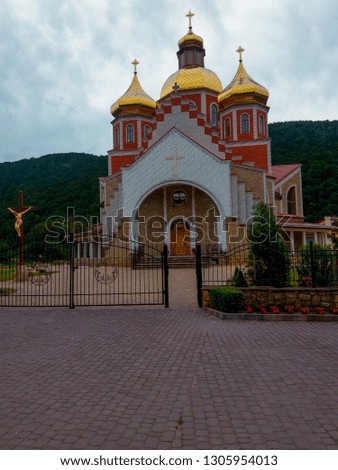 
A very beautiful brick church is depicted. It shows two white crosses. There are three golden domes on the church. Behind the church is a large coniferous forest