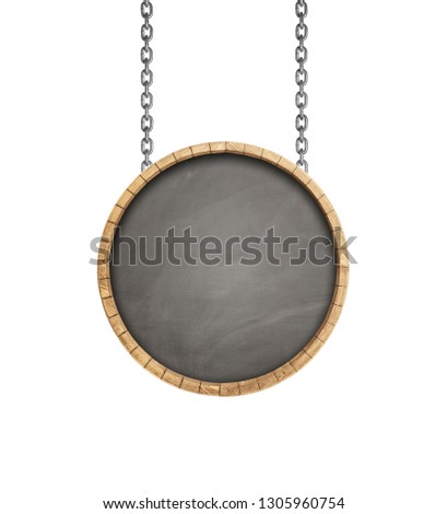Advertising sign board -The bottom of a wine barrel hanging on a chain isolated on white, including clipping path