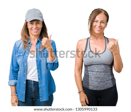 Collage of beautiful middle age woman wearing sport outfit over isolated background doing happy thumbs up gesture with hand. Approving expression looking at the camera showing success.