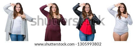 Collage of beautiful plus size woman over isolated background smiling making frame with hands and fingers with happy face. Creativity and photography concept.