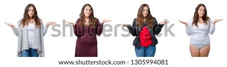 Collage of beautiful plus size woman over isolated background clueless and confused expression with arms and hands raised. Doubt concept.