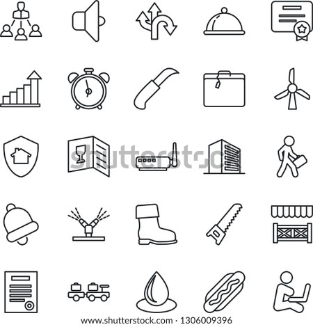Thin Line Icon Set - suitcase vector, alarm clock, baggage larry, office building, growth statistic, boot, saw, water drop, garden knife, route, bell, hierarchy, contract, manager, dish, wine card