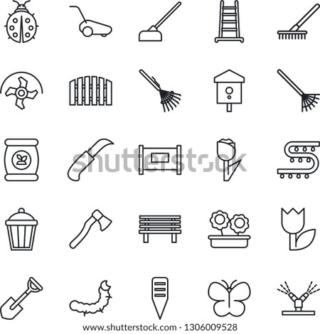 Thin Line Icon Set - fence vector, shovel, ripper, rake, ladder, lawn mower, butterfly, lady bug, hoe, garden knife, axe, plant label, bench, light, caterpillar, bird house, fertilizer, tulip
