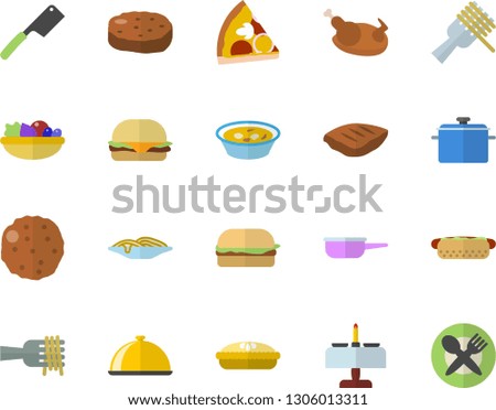Color flat icon set saucepan flat vector, saute, knives, dish, spaghetti on a fork, hamburger, hot dog, pizza, salad, soup, pie, chicken, chop, cutlet, romantic dinner fector, table setting