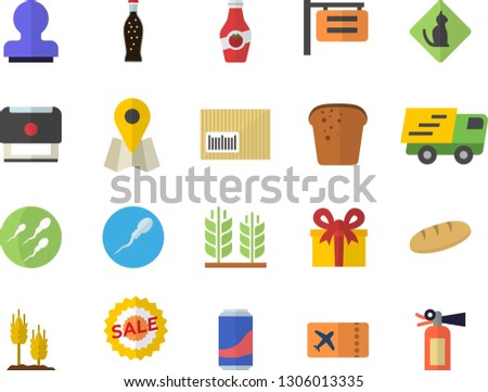 Color flat icon set bread flat vector, lemonade, ketchup, ear, signboard, location, present, sell out, trucking, barcode, sperm, stamp, ticket fector, pets allowed, fire extinguisher