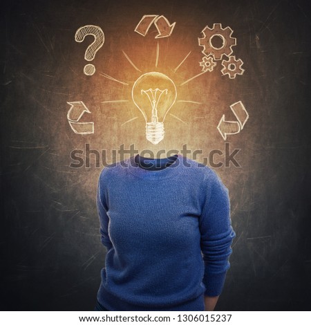 Surreal portrait anonymous woman absent head over dark blackboard background. Thinking process with question mark, cogwheels and light bulbs instead her face. Solving problems, analysis find solution. Royalty-Free Stock Photo #1306015237