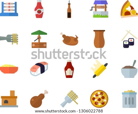 Color flat icon set rolling pin flat vector, jugful, ketchup, sauce, spaghetti on a fork, pizza, porridge, chicken, fish rolls, sashimi, well, fireplace, abacus, trash can