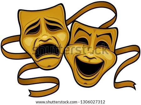Gold Comedy And Tragedy Theater Masks. Vector illustration of gold comedy and tragedy theater masks with a gold ribbon.  Royalty-Free Stock Photo #1306027312