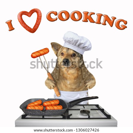 The cat chef is roasting sausages in a square grill pan on a gas stove. I love cooking.