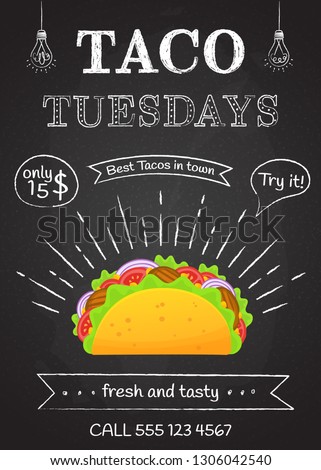 Traditional mexican food taco tuesday poster. Tasty beef meat, salad, tomato in delicious tacos with vintage chalk decoration and sign Taco Tuesday. Vector illustration for mexican fastfood truck art. Royalty-Free Stock Photo #1306042540