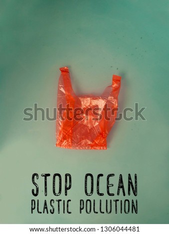  Plastic garbage (bag, bottles) in the ocean. Stop ocean pollution.Water waste problem creative concept. Eco problem banner with restrictive sign.