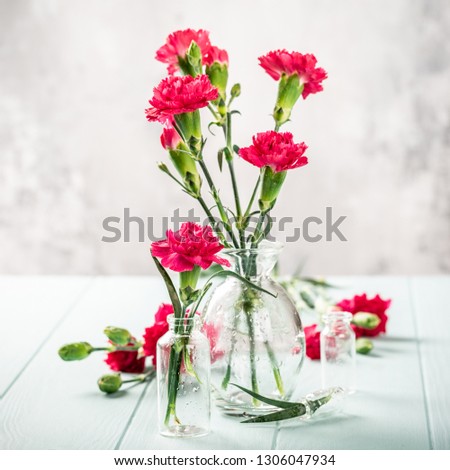 Bouquet of pink carnation in glass vase on light turquoise wooden background. Mothers day, birthday greeting card. Copy space.