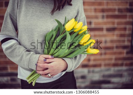 Yellow flowers tulips in the hands of a girl. Snow, winter landscape. Background to Valentine's Day and March 8th.  Royalty-Free Stock Photo #1306088455