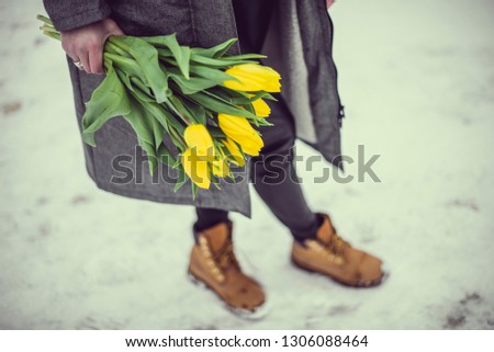 Yellow flowers tulips in the hands of a girl. Snow, winter landscape. Background to Valentine's Day and March 8th.  Royalty-Free Stock Photo #1306088464