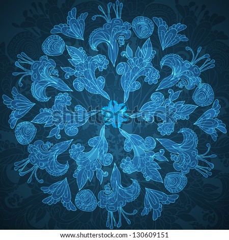 Blue floral ornament mandala doodles background card. Vector illustration