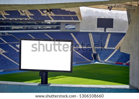Stadium Billboard with Blank White Isolated Clipping Path, Bench in Background with Grass Field