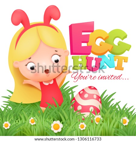 Little girl in pink bunny costume. Easter egg hunt invitation card. Vector illustration.